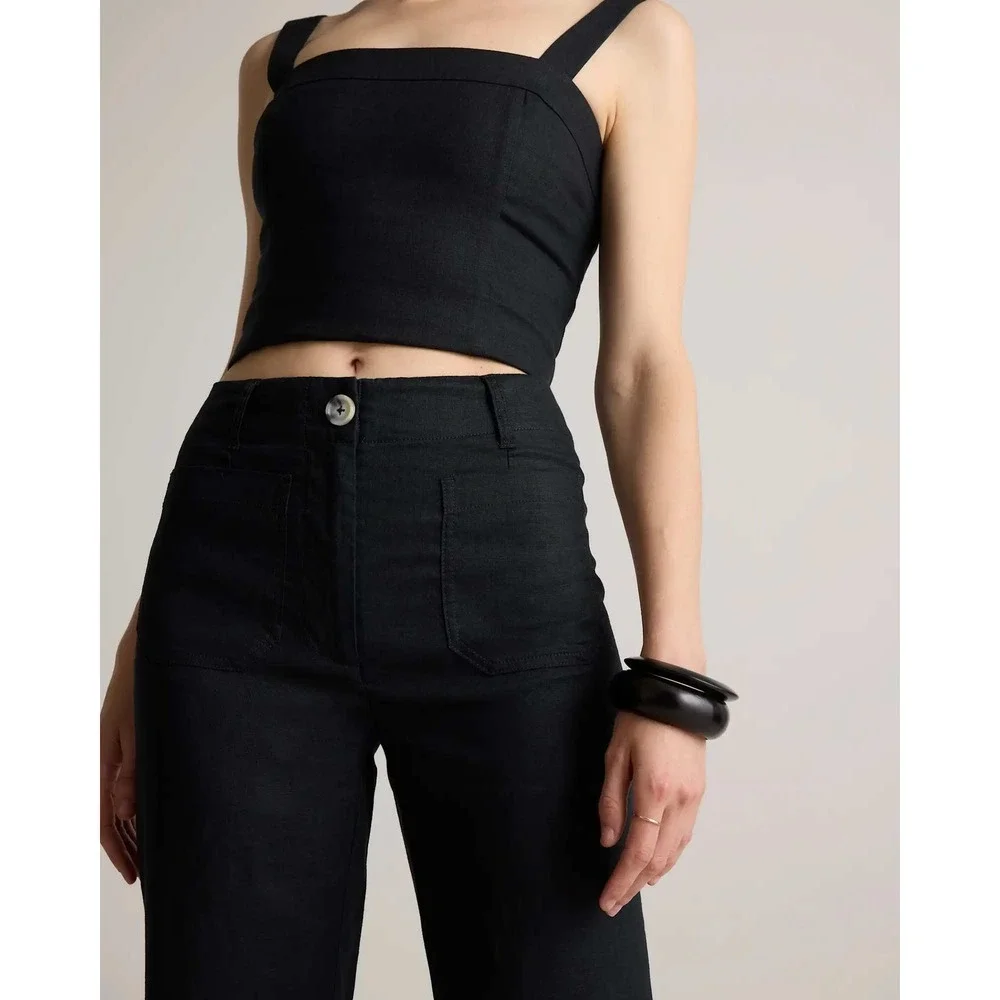 Quince European Linen patch pocket wide leg pants black size 4 NWT